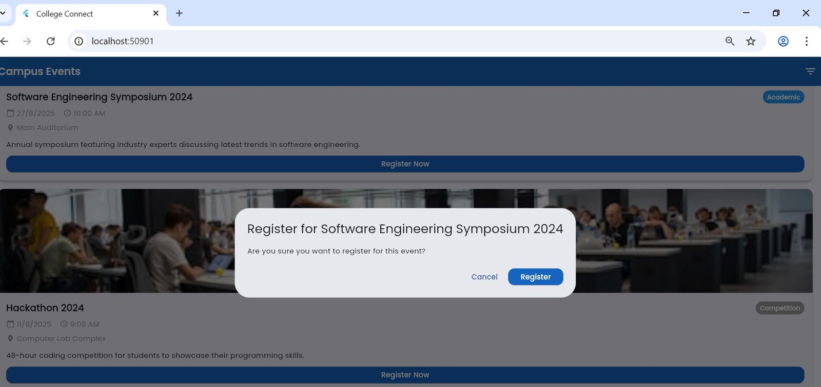College Connect app results and outcome screen