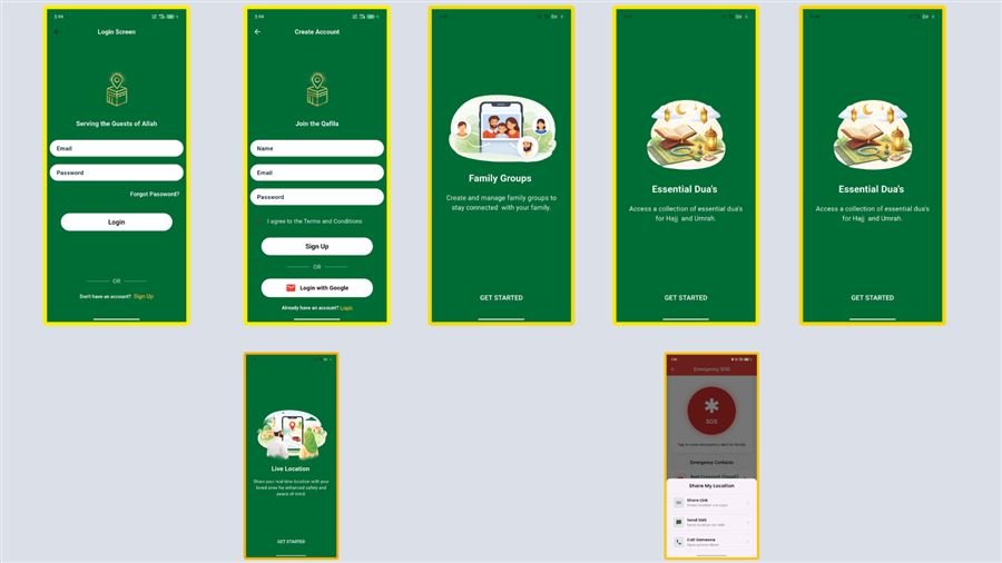 Qafila app screens showing the Hajj and Umrah companion features