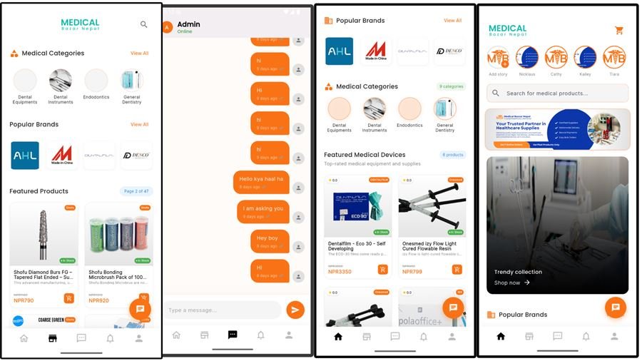 Medical Bazaar Nepal app screens showing the healthcare marketplace